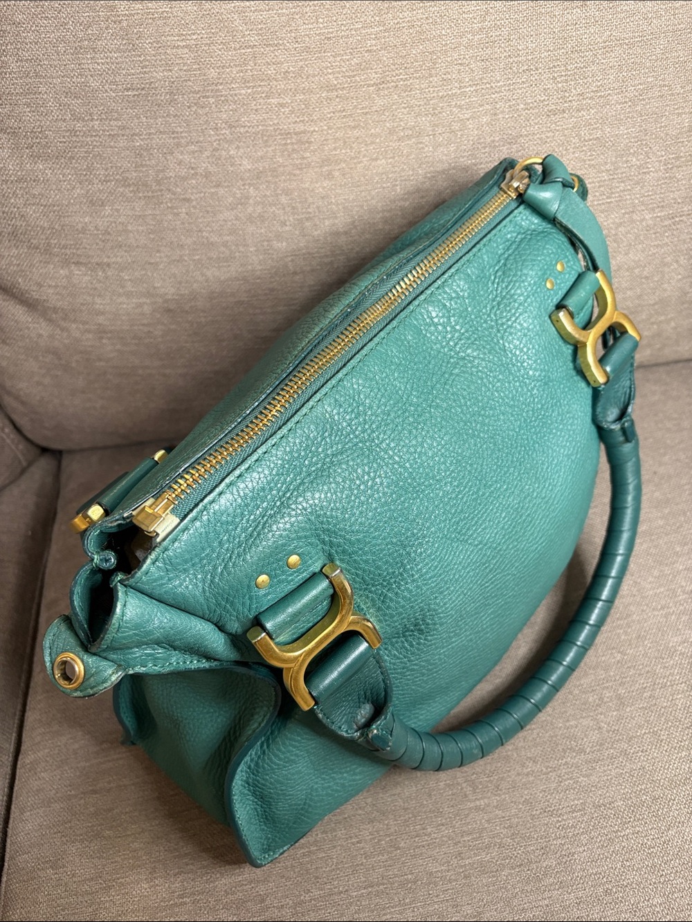 Chloé Marcie Green Teal Leather Satchel with Shoulder Strap & COA - Picture 6 of 13
